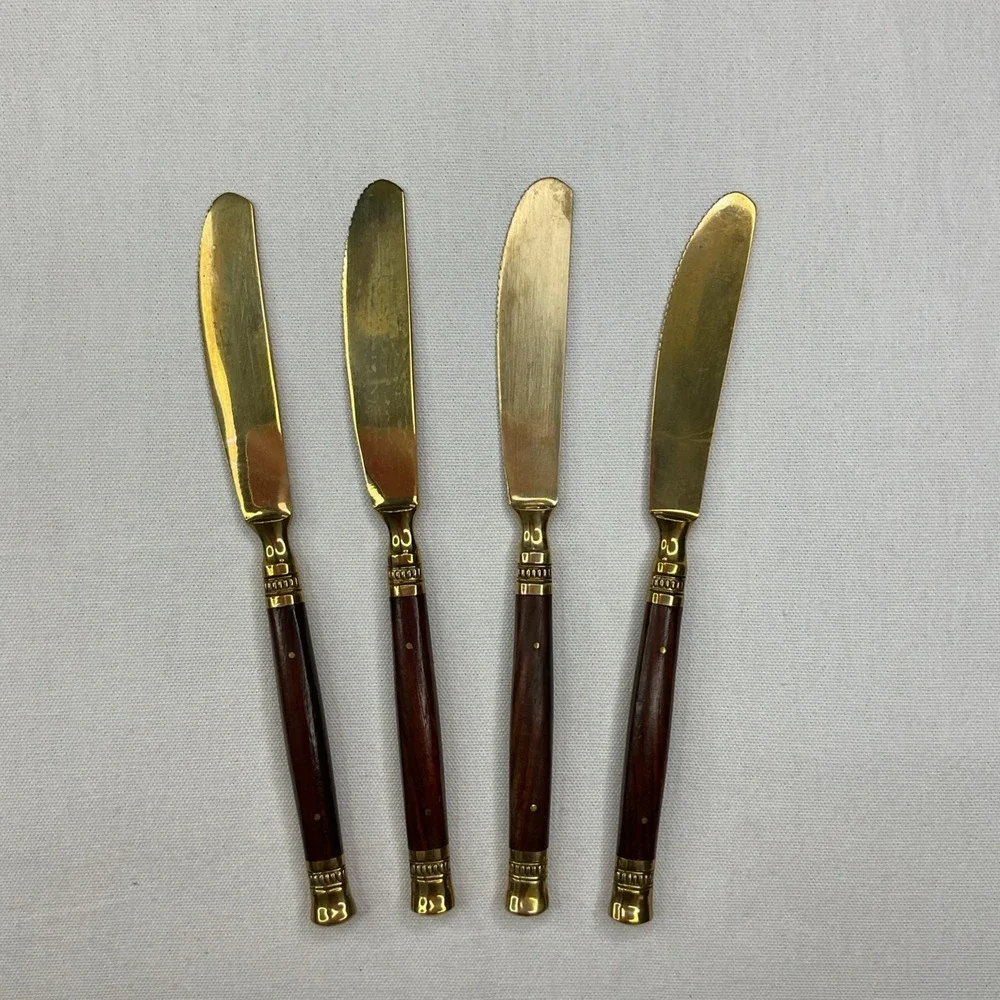 Pottery Barn Rosewood Knives Golden Bronze Flatware Cutting Dinner 4 Pcs